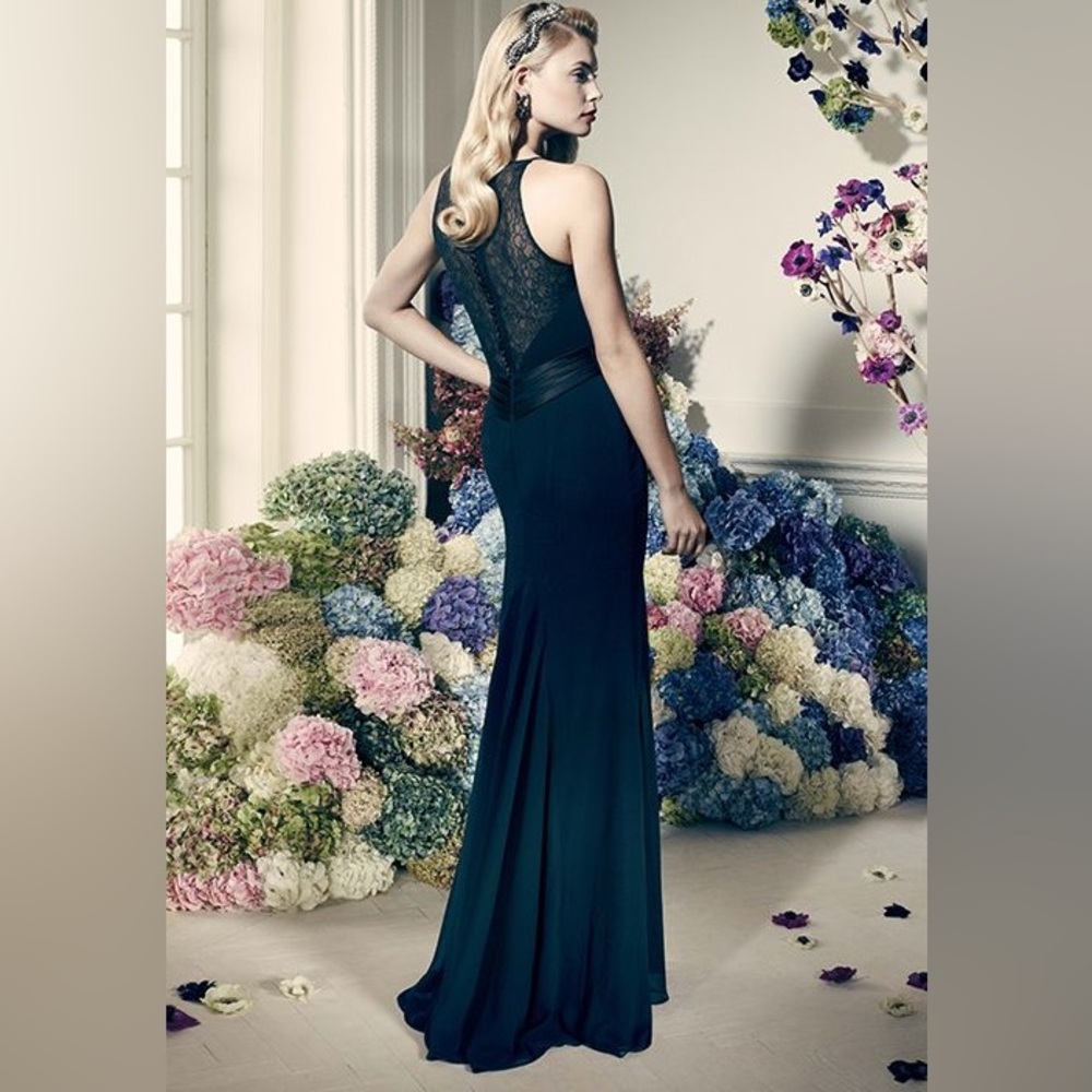 Truly Zac Posen V Neck Lace Back Chiffon Black Evening Gown
